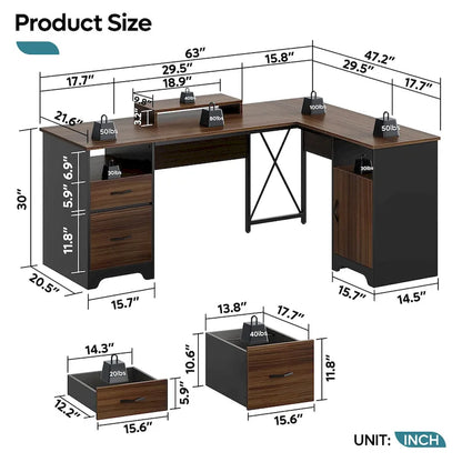 63 L Shaped Home Office Desk with File&Storage Drawers and Cabinet, Computer Desk with Monitor Stand and Open Compartments