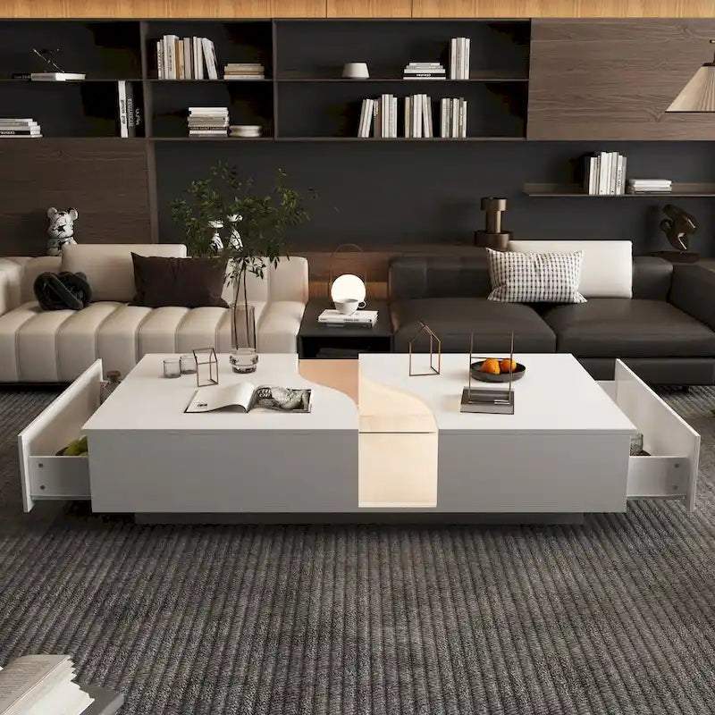 Luminous Chic: White Dual-Drawer Coffee Table with LED Display Top