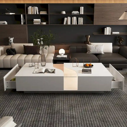 Luminous Chic: White Dual-Drawer Coffee Table with LED Display Top