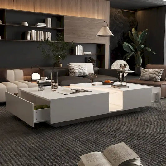 Luminous Chic: White Dual-Drawer Coffee Table with LED Display Top