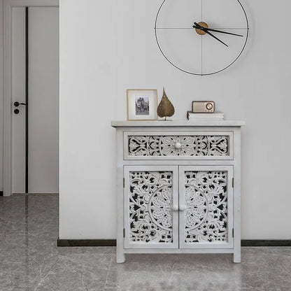Rustic Hollow-Carved Wood Storage Cabinet with 1 Drawer and 2 Doors, Antique White, 31 H - 27.6 x 13.8 x 31