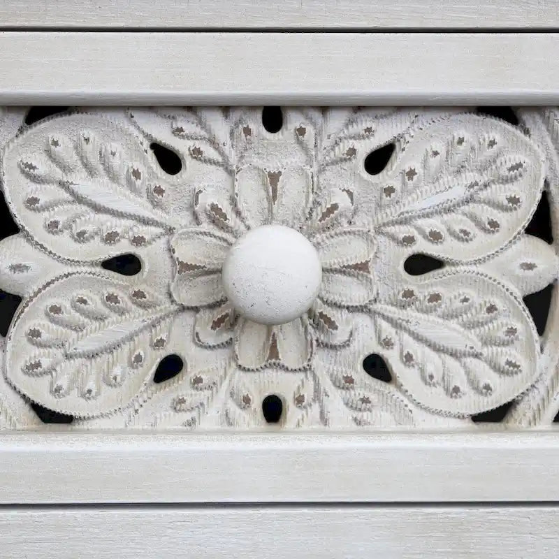 Rustic Hollow-Carved Wood Storage Cabinet with 1 Drawer and 2 Doors, Antique White, 31 H - 27.6 x 13.8 x 31