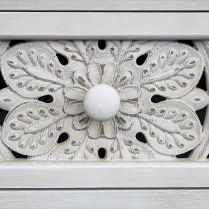 Rustic Hollow-Carved Wood Storage Cabinet with 1 Drawer and 2 Doors, Antique White, 31 H - 27.6 x 13.8 x 31