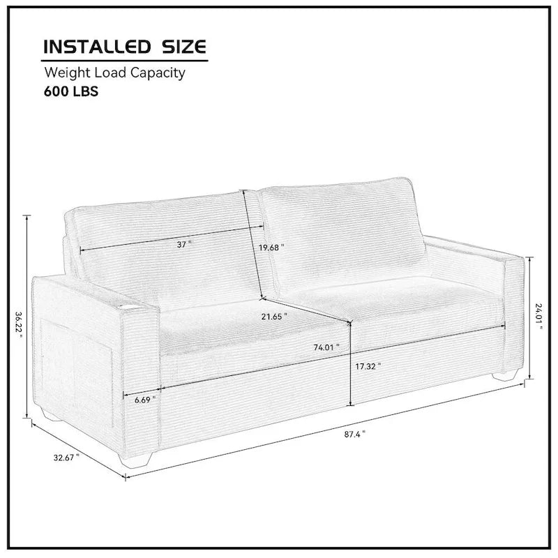 87.4 Inch Modern Design Sofa with Cup Holder and Storage Bags